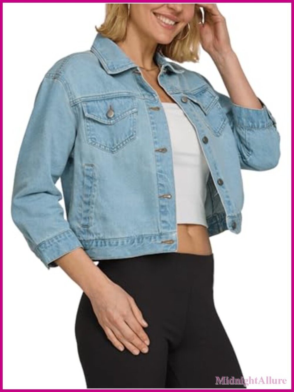 Cropped Denim Jacket with 3/4 Sleeves, Button Front, Pockets